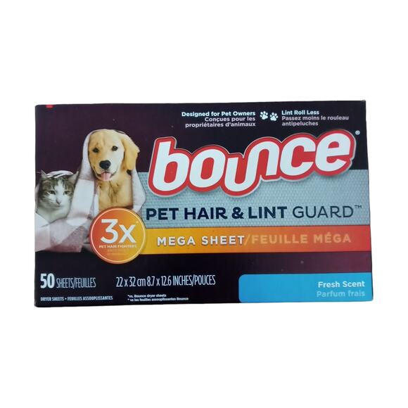 Bounce Pet Hair Lint Guard Mega Dryer Sheets 3X Pet Hair Fighters 50 Count - Picture 1 of 6